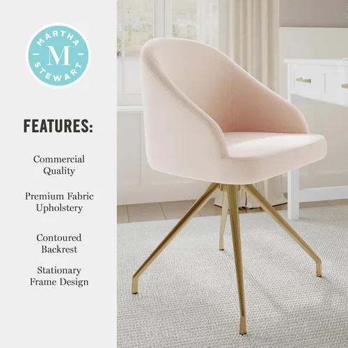 Vista 8 de Martha Stewart Sora Silla de Trabajo Giratoria Fija con Brazos Inclinados para Oficina en Casa en Tela Conch Shell con Marco de Latón Pulido