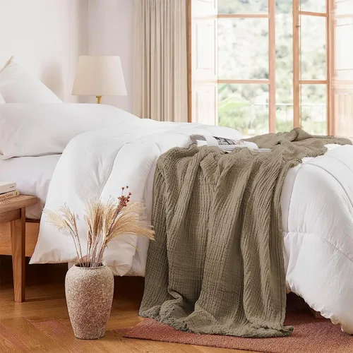 Vista 5 de Manta de muselina para adultos, 4 capas transpirable y ligera para todas las estaciones, 90 x 90 pulgadas, tamaño Queen grande, manta decorativa