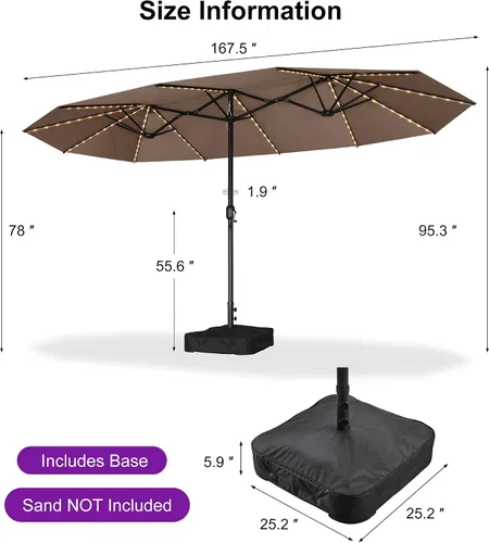 Vista 84 de PURPLE LEAF - Sombrilla de mercado de patio de 13 pies con base rectangular doble cara, sombrilla de mesa para exteriores con manivela, 12 varillas