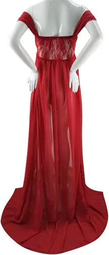 Vista 5 de Fuera del hombro de la colmena de la manga del cordón vestido de maternidad de la ducha del bebé maxi fotografía traje largo piso longitud vestido