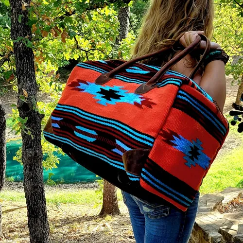 Vista 3 de Southwestern Boho Aztec Large Weekender Duffel Bag Handwoven 100% Leather Handles (Sedona)