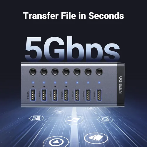 Vista 3 de UGREEN - Hub USB 3.0, adaptador USB de 7 puertos con 4 puertos de carga inteligente, divisor USB con interruptores individuales de encendido/apagado