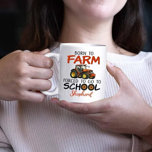 Vista 6 de Tazas de café personalizadas con nombre "Born To Farm Forced To Go To School" de 11 onzas y 15 onzas, taza de café personalizada para tractores