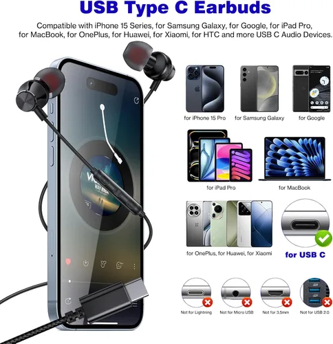 Vista 2 de Auriculares USB C para iPhone 17 16 Pro Max 15 Plus iPad 10 11 Air 5th Pixel 9a, COOYA Tipo C Auriculares con cable para Samsung S25 Ultra A16 Fold