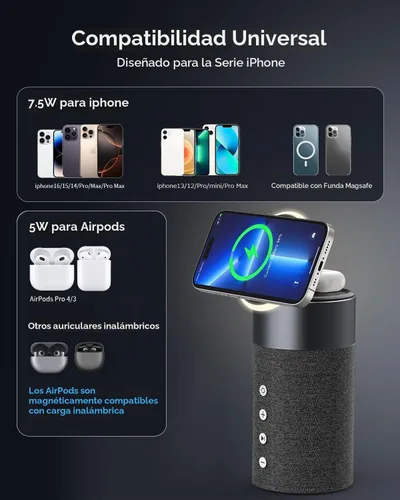 Vista 5 de Bluetooth Speaker, Night Light, 15W Magnetic Fast Charging for Apple, Black Negro