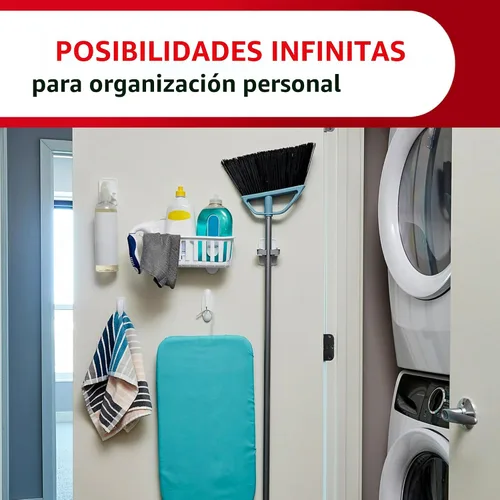 Vista 9 de Command Pinzas de escoba y trapeador, 2 colgadores y 4 tiras, soporte de pared colgante sin daños para escoba y trapeador, organizador de limpieza