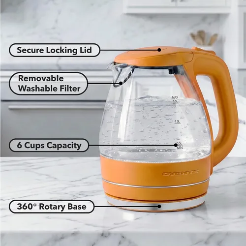 Vista 2 de OVENTE Hervidor Eléctrico, 1.5L de Vidrio de Borosilicato para Encimera, Calentador y Hervidor de Agua para Café o Té, Libre de BPA, Apagado Naranja