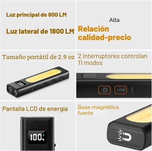 Vista 2 de Linternas recargables de alto lúmenes 1800, linterna plana EDC con magnética, linterna de bolsillo de 11 modos súper brillante, potentes linternas