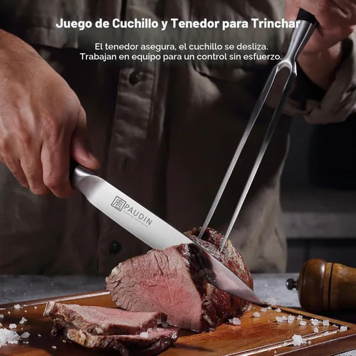 Vista 3 de Juego de cuchillo y tenedor de tallado PAUDIN - 8" Cuchillo de tallado de pavo de acero alemán y tenedor con mango ergonómico, de espiga completa