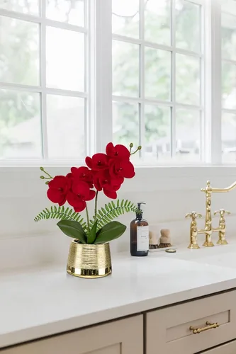 Vista 6 de Orquídeas blancas artificiales en maceta dorada, orquídea Phalaenopsis falsa, orquídea Bonsia sintética, centro de mesa para mesa de comedor
