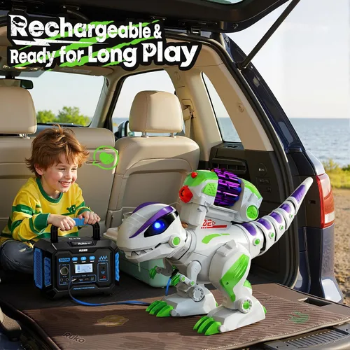 Vista 7 de Ruko 8809 Juguetes de dinosaurio para niños, gran T-Rex de control remoto recargable, con funciones programables, camina, ruge, ojos LED y disparo