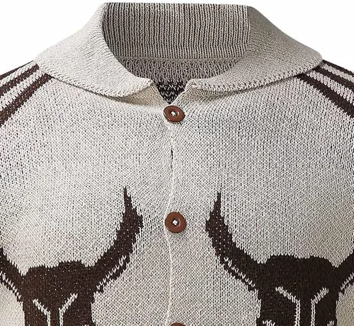 Vista 4 de Suéter clásico de cuello redondo con estampado de cabeza de toro para hombre, suéter casual de ajuste delgado, suéter de punto, abrigo tecnológico
