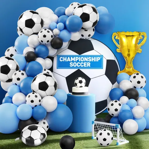 Vista 3 de Kit de arco de guirnalda de globos de fútbol, 103 globos de 18, 12, 10 y 5 pulgadas, globos de copa de fútbol azul y blanco con globos de papel