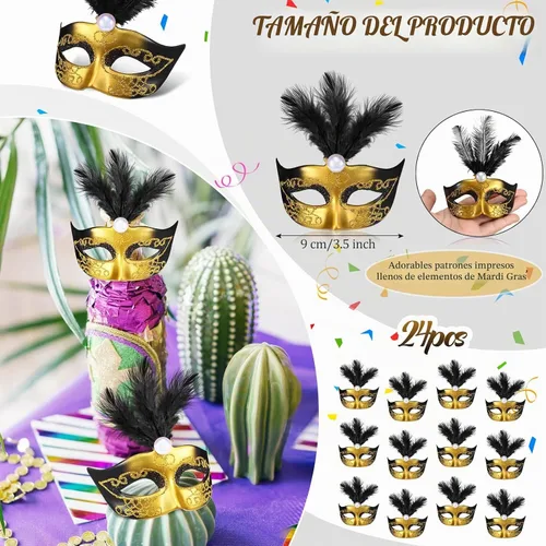 Vista 2 de Charniol 24 Pcs Pink Mini Masquerade Masks Venetian Cake Toppers Negro
