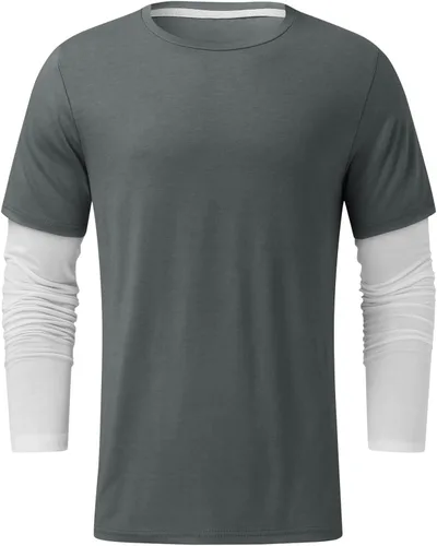 Vista 3 de Tops for Men 2023 Spring Male Casual Solid Patchwork Sleeve T Shirt Blouse Long Sleeve Round Neck Tops T Shirt