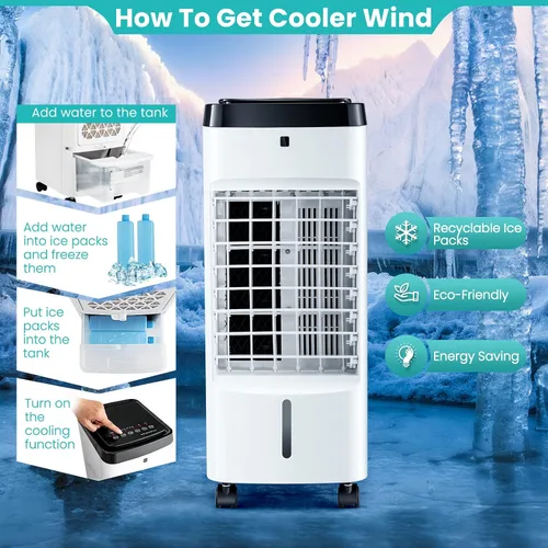 Vista 7 de GOFLAME Enfriador de aire evaporativo portátil, ventilador humidificador 3 en 1 con control remoto, tanque de agua de 3.5 L, 2 paquetes de hielo, 4