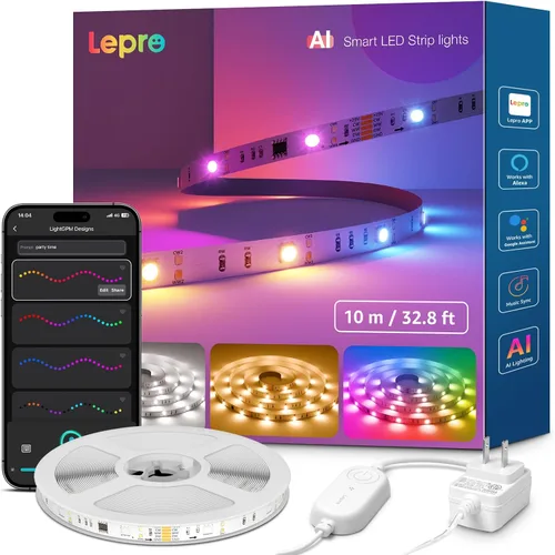 Vista 10 de Lepro Tira de luces LED inteligentes S2 AI – Tiras de luz RGBCW de 16.4 pies con 2700K-5700K blanco cálido sintonizable, segmento de color DIY