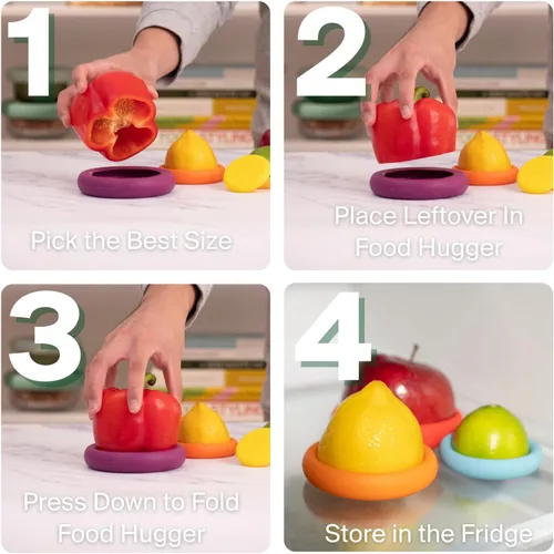 Vista 5 de Food Huggers Kit de iniciación Zero Waste (7 piezas) - Fundas protectoras de aguacate (juego de 2) + reutilizables de silicona para guardar