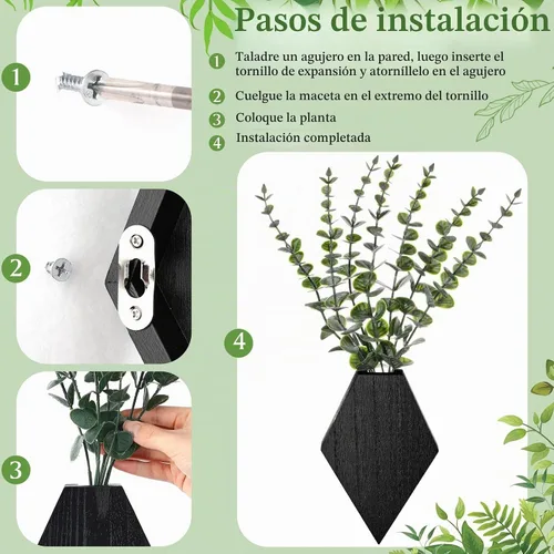 Vista 3 de Chunful - Juego de 2 macetas de madera para pared, color negro, 7.1 x 4.7 x 1.2 pulgadas