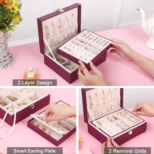 Vista 3 de Voova - Joyero organizador para mujeres y niñas, 2 capas de almacenamiento de joyas grandes para hombres, soporte para joyas de piel sintética