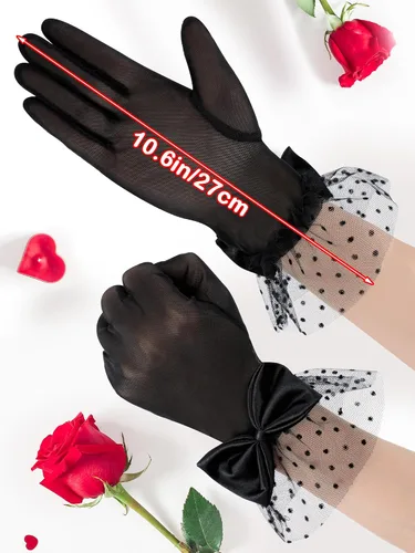 Vista 4 de Geyoga 3 pares de guantes de encaje con lazo de leopardo para mujeres y niñas, elegantes guantes cortos de seda, guantes de fiesta de té para cenas