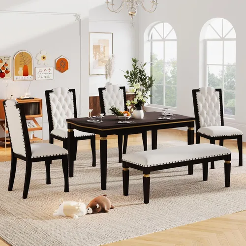 Vista 142 de Juego de mesa de comedor vintage de 6 piezas, juego de mesa de comedor de cocina de madera maciza con 4 sillas ergonómicas acolchadas y banco, mesa