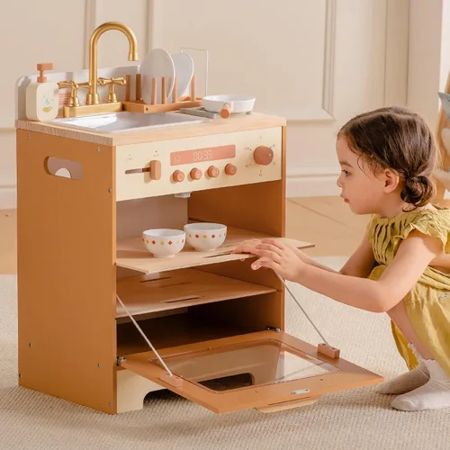 Vista 7 de ROBOTIME Fregadero Lavavajillas de Juguete de Madera – Juguete de Cocina de Imitación Color Caramelo con Grifo Dorado, Perillas Giratorias, Estante
