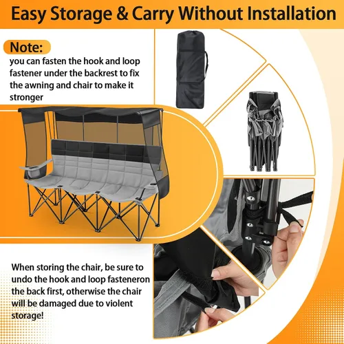 Vista 7 de Teenyyou Silla de camping para 3 personas con toldo – Silla de playa de gran tamaño con protección solar UV, sofá biplaza plegable resistente de 700