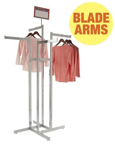 Vista 2 de Econoco - Perchero cromado de 4 vías, brazos rectos de altura ajustable, tubo rectangular, perfecto para exhibición de tiendas de ropa