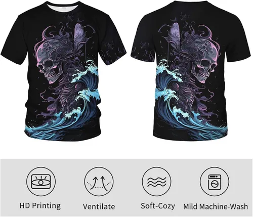 Vista 4 de Srcnhim Camiseta de verano para hombre con estampado 3D de calavera y esqueleto oceánico