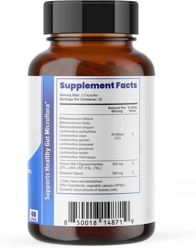 Vista 7 de SuperHMO: Cápsulas Sinbióticas con 5 Prebióticos HMO y 40 mil millones de probióticos CFU - Bifidobacterias y Lactobacillus, 60