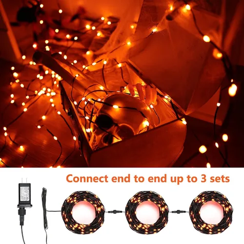 Vista 3 de Brizled Luces de Halloween para exteriores, 72 pies, 200 luces LED naranjas conectables para interiores, 8 modos de luces naranjas de Halloween