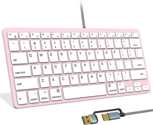 Vista 10 de Teclado con cable ultradelgado para Apple Mac, cable de conversión USB y tipo C, 78 teclas de tijera, teclas de acceso rápido multimedia, compatible