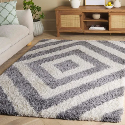 Vista 5 de SAFAVIEH Portofino Shag Collection - Alfombra para pasillo, 2 pies 3 pulgadas x 7 pies, color marfil y beige, diseño geométrico, no desprende pelusa