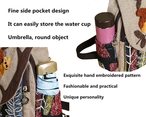 Vista 97 de HUANGGUOSHU Mochila de algodón tejida de algodón bohemio con bordado de lona estilo bohemio con múltiples bolsillos retro linda mochila cartera