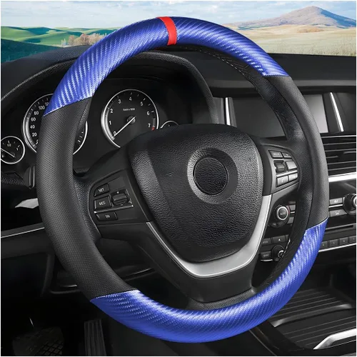 Vista 10 de Moly Magnolia Funda universal para volante de fibra de carbono, de 15 pulgadas, transpirable, antideslizante, negra, de cuero y fibra de carbono