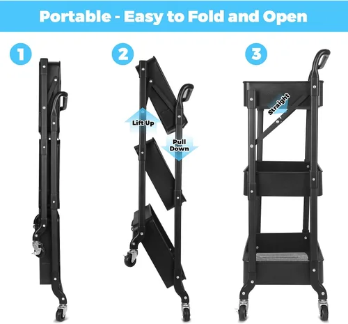 Vista 2 de Carrito plegable de metal de 3 niveles, carrito organizador plegable de almacenamiento multifunción para oficina en casa y biblioteca (negro)
