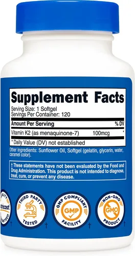 Vista 5 de Nutricost Suplemento de Vitamina K2 MK-7 (100 mcg) 120 Cápsulas Blandas - Sin GMO