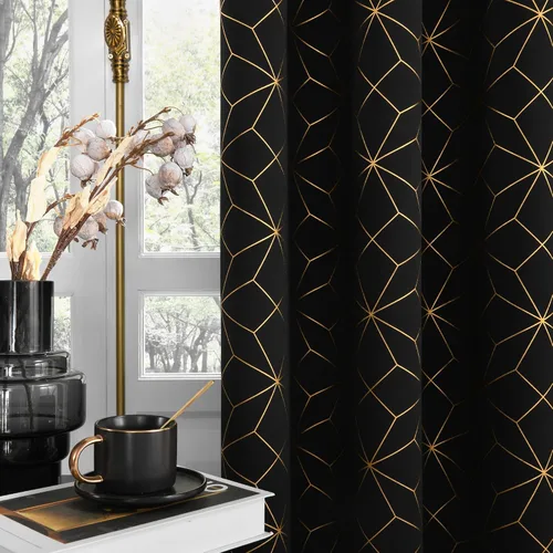 Vista 10 de Beauoop - Cortinas opacas 100% de 54 pulgadas de largo para dormitorio y sala de estar, con patrón marroquí dorado, paneles de tratamiento