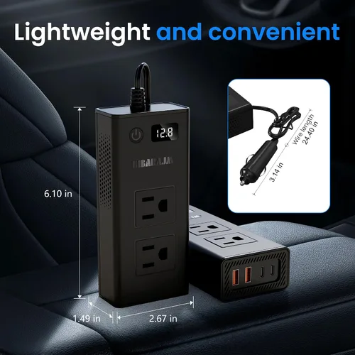 Vista 2 de Convertidor de voltaje de automóvil de 300 W, inversor de CC de 12 V a CA, puertos de 110 V, cargador de coche de carga rápida con enchufe