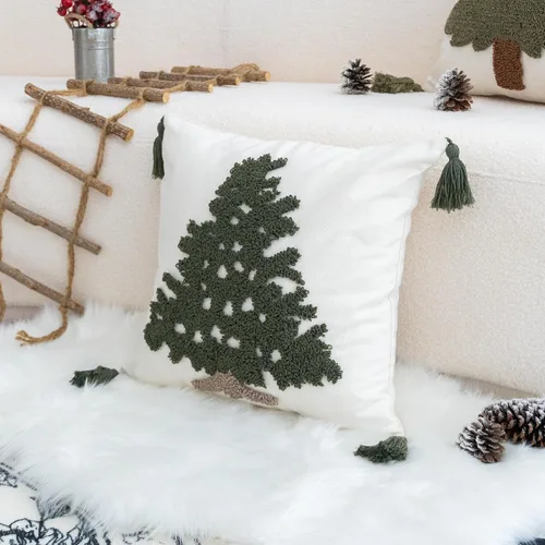 Vista 8 de Funda de almohada verde copetuda con borlas, funda de cojín tejida a mano para decoración del hogar de vacaciones de invierno, 18 x 18 pulgadas, 1