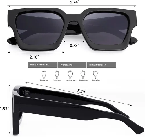 Vista 3 de Haqptul Gafas de sol gruesas con marco cuadrado para hombres y mujeres, color negro, grandes y gruesos, rectangulares, sombras oscuras, gafas