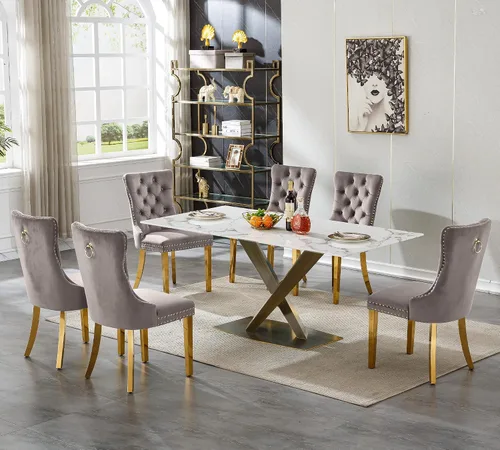 Vista 35 de Juego de 5 mesas de comedor, juego de mesa de cocina y comedor para 4, mesa de cocina rectangular de mármol sintético blanco de 47 pulgadas con base