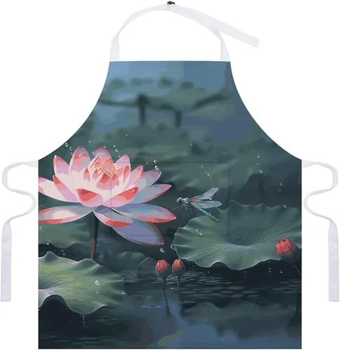 Vista 7 de MUSM Lotus Flower And Dragonfly Apron，Classic Vintage Funny with Pockets Aprons,Adjustable Bib Waterdrop Resistant for Kitchen Cooking Restaurant