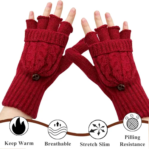 Vista 51 de Beurlike Guantes de invierno para mujer, de lana cálida, a prueba de viento, convertibles, sin dedos