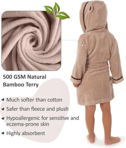 Vista 3 de Bata de baño premium suave para niños pequeños - Bata de bambú de rayón para niños con capucha - Bata para niños y niñas Beige