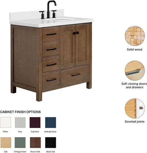 Vista 6 de ARIEL Cambridge tocador de baño con fregadero, madera maciza, encimera y protector contra salpicaduras de cuarzo blanco puro de 1.5 pulgadas