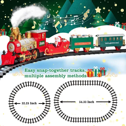Vista 4 de OleFun Juego de tren de Navidad, juguetes de tren eléctrico con vapor de agua, sonidos y luces, juego de tren modelo para debajo del árbol