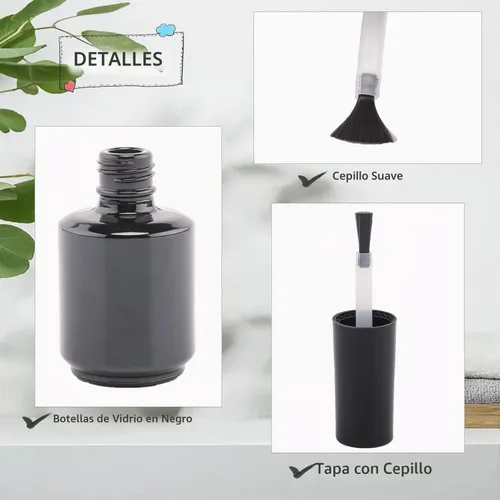 Vista 3 de Botellas vacías de esmalte de uñas de gel de 0.5 onzas líquidas, botellas vacías de esmalte de uñas con cepillo negro mate, botellas redondas opacas