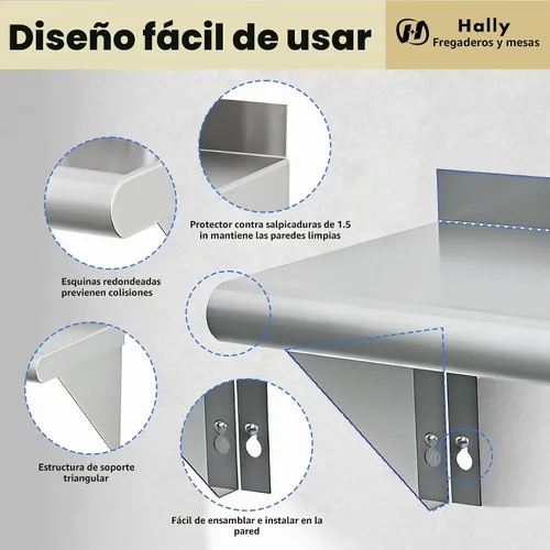 Vista 5 de Hally Estante de acero inoxidable montado en la pared, estante de pared de 10 x 24 pulgadas, NSF resistente, capacidad de 250 libras, estante
